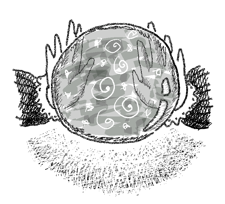 A drawing of a crystal ball with glowing things inside and hands with frilly sleeves around it