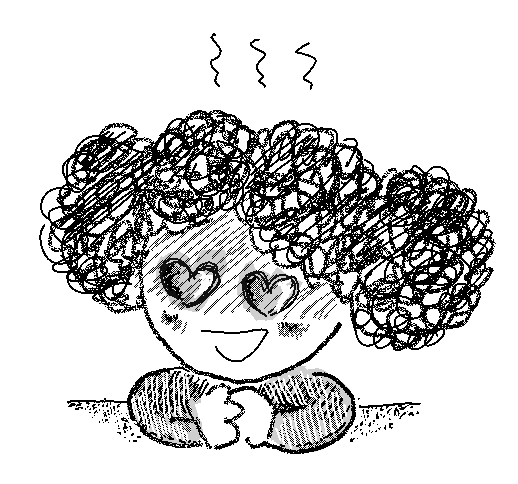 A drawing of a comic version of me, swooning over The Spectral City: eyes are hearts, and my curly head is steaming, while I'm blushing